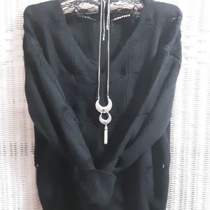 NWT BLACK OPEN KNIT V NECK SWEATER